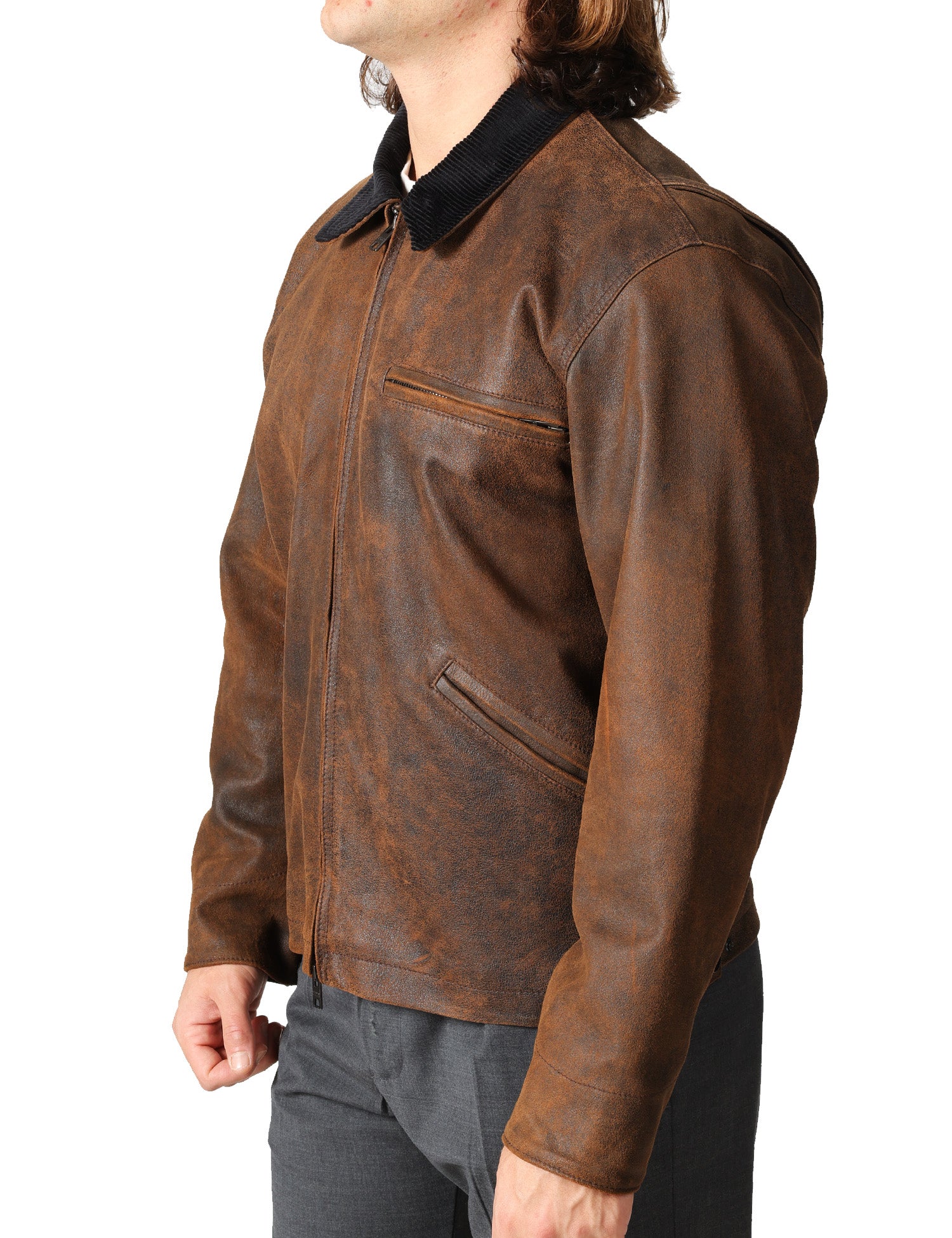 GIUBBINO UOMO D FOUR MARRONE IN PELLE CON EFFETTO VINTAGE E COLLETTO IN VELLUTO