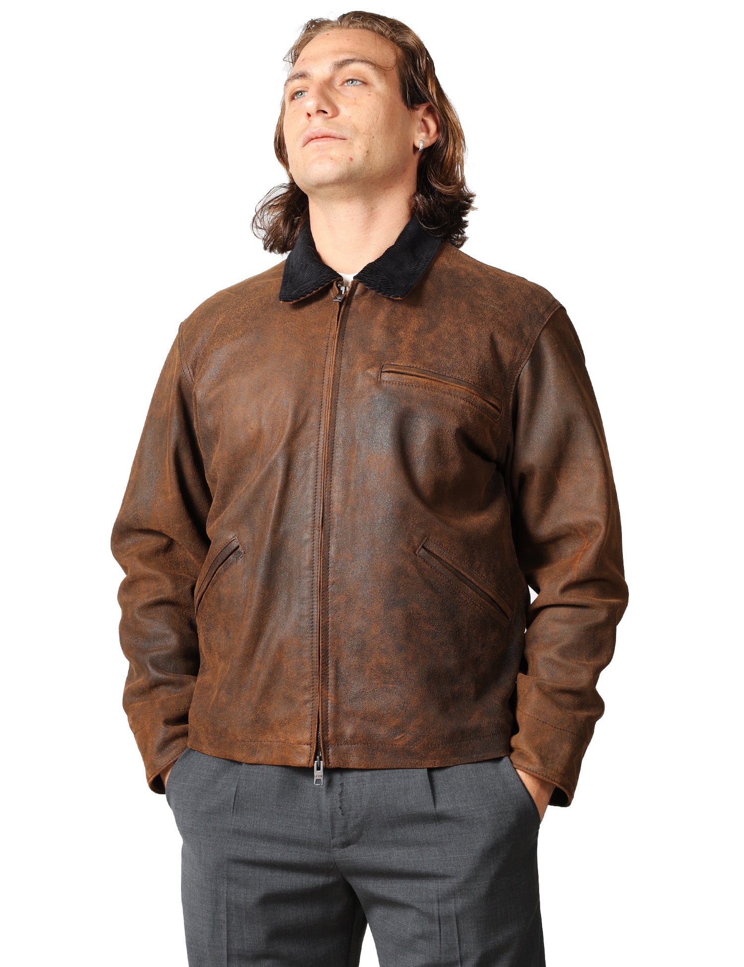 GIUBBINO UOMO D FOUR MARRONE IN PELLE CON EFFETTO VINTAGE E COLLETTO IN VELLUTO