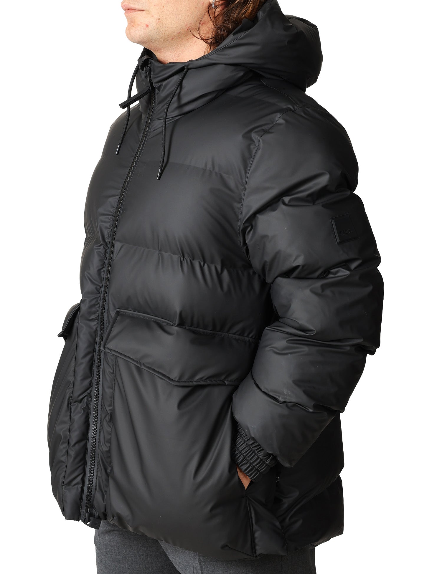 GIUBBOTTO UOMO RAINS ALTA A-LINE PUFFER W JACKET NERO A TRAPEZIO IMPERMEABILE CON CAPPUCCIO