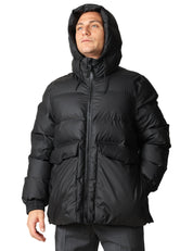 GIUBBOTTO UOMO RAINS ALTA A-LINE PUFFER W JACKET NERO A TRAPEZIO IMPERMEABILE CON CAPPUCCIO
