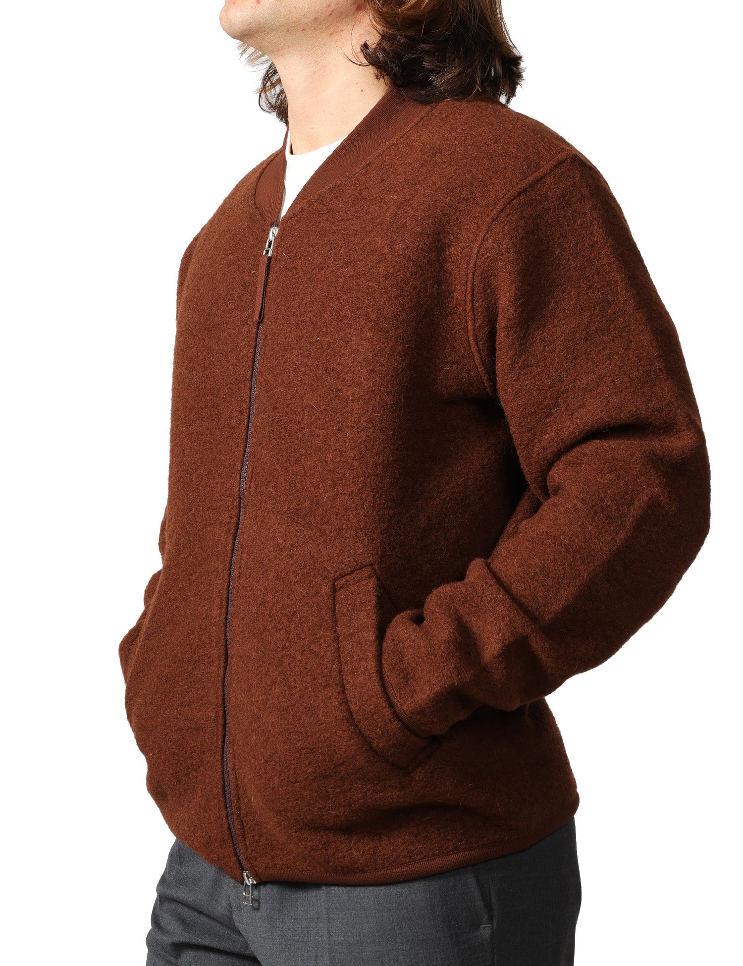 BOMBER UOMO UNIVERSAL WORKS CACAO IN PILE DI LANA CON ZIP