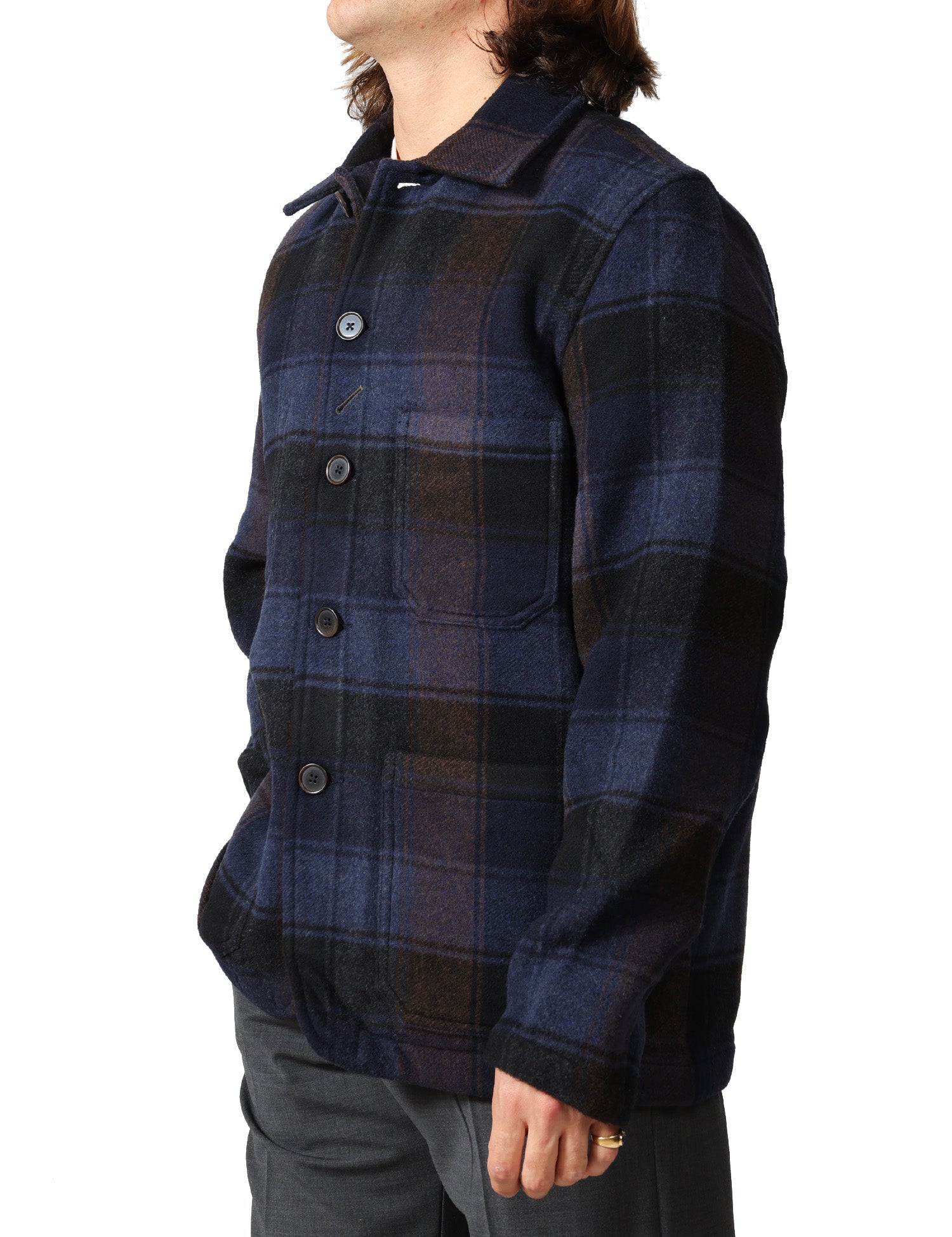 GIACCA UOMO UNIVERSAL WORKS BERLIN WOOL CHECK BLU/MORO CON COLLETTO E BOTTONI