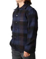 GIACCA UOMO UNIVERSAL WORKS BERLIN WOOL CHECK BLU/MORO CON COLLETTO E BOTTONI