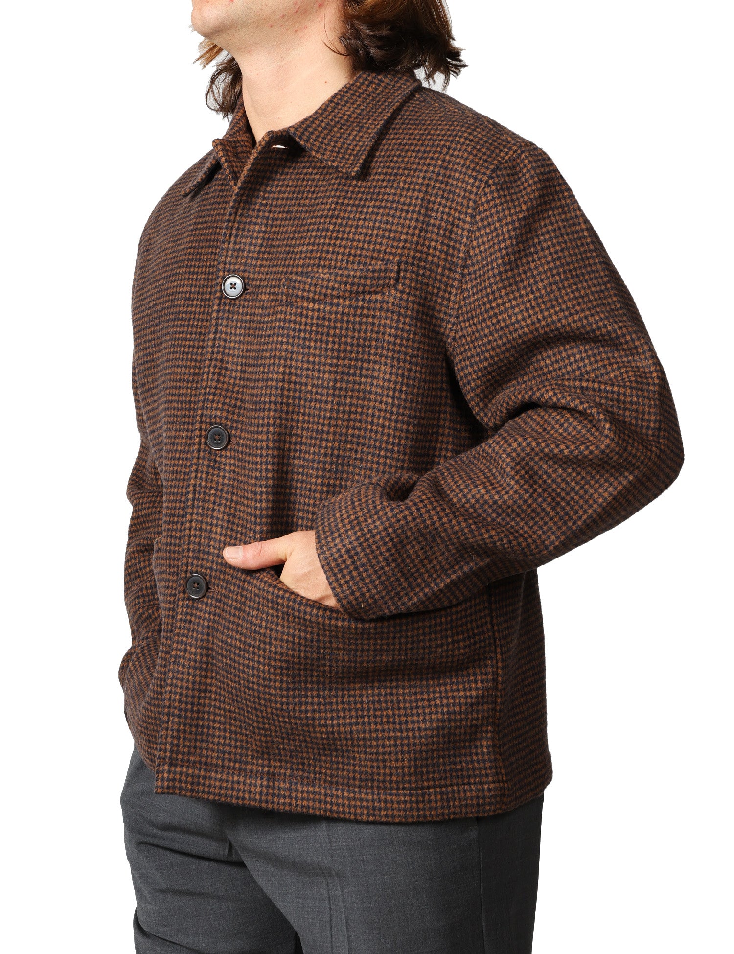 GIACCA UOMO UNIVERSAL WORKS FRANK JACKET BLU/MORO IN TWEE CON COLLETTO E BOTTONI