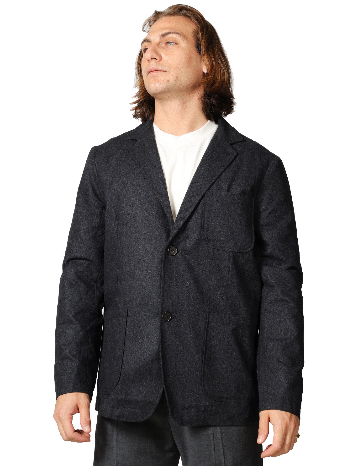 GIACCA UOMO UNIVERSAL WORKS CHARCOAL MONOPETTO CON TASCHE APPLICATE