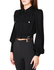 Camicia crop in viscosa con placche logo