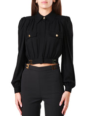 Camicia crop in viscosa con placche logo