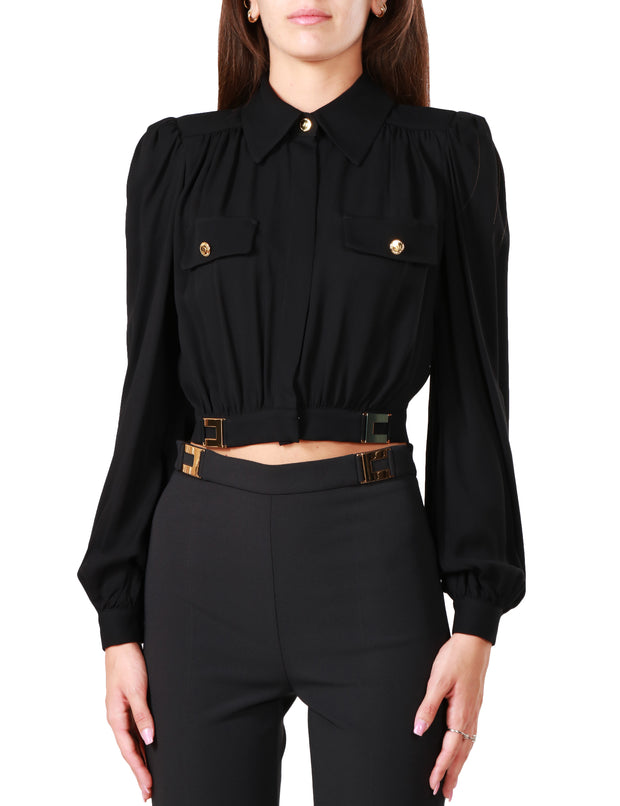 Camicia crop in viscosa con placche logo