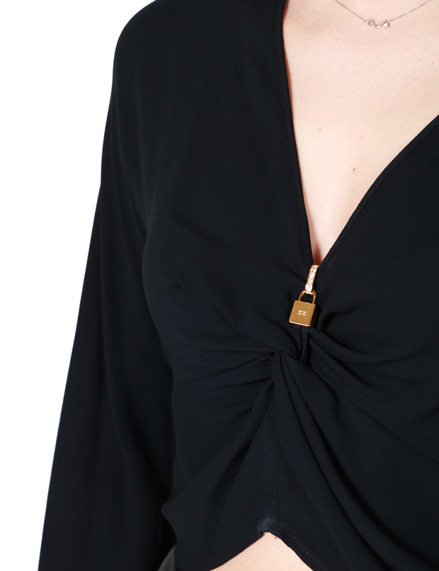 Blusa donna Elisabetta Franchi nera modello cropped in georgette di viscosa con nodo