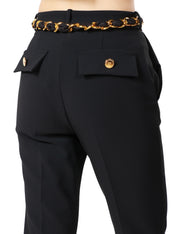 Pantalone donna Elisabetta Franchi nero a zampetta in crêpe stretch con cintura foulard